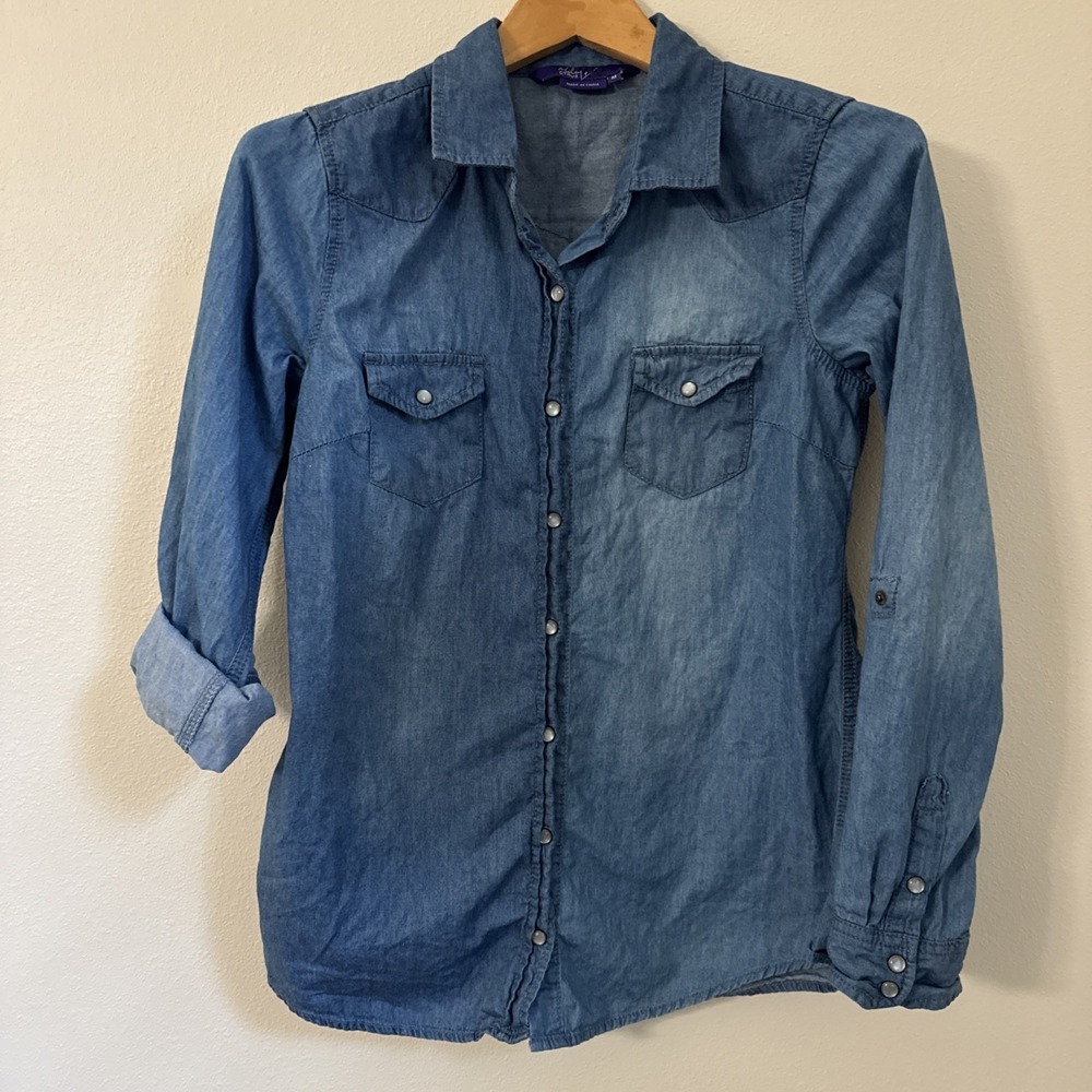 Jr Womens BLUE DENIM LOOKā L/S SHIRT Miley Cyrus SNAP FRONT Roll Tab Sleeve Med
